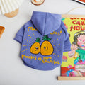 Blue and purple cartoon print cotton plush hoodie for a small dog on a neutral background