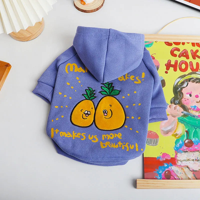 Blue and purple cartoon print cotton plush hoodie for a small dog on a neutral background