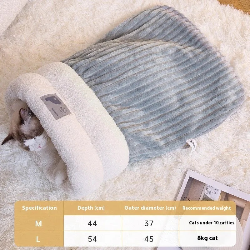 Brown semi-enclosed cat sleeping bag with lambswool lining on wooden floor