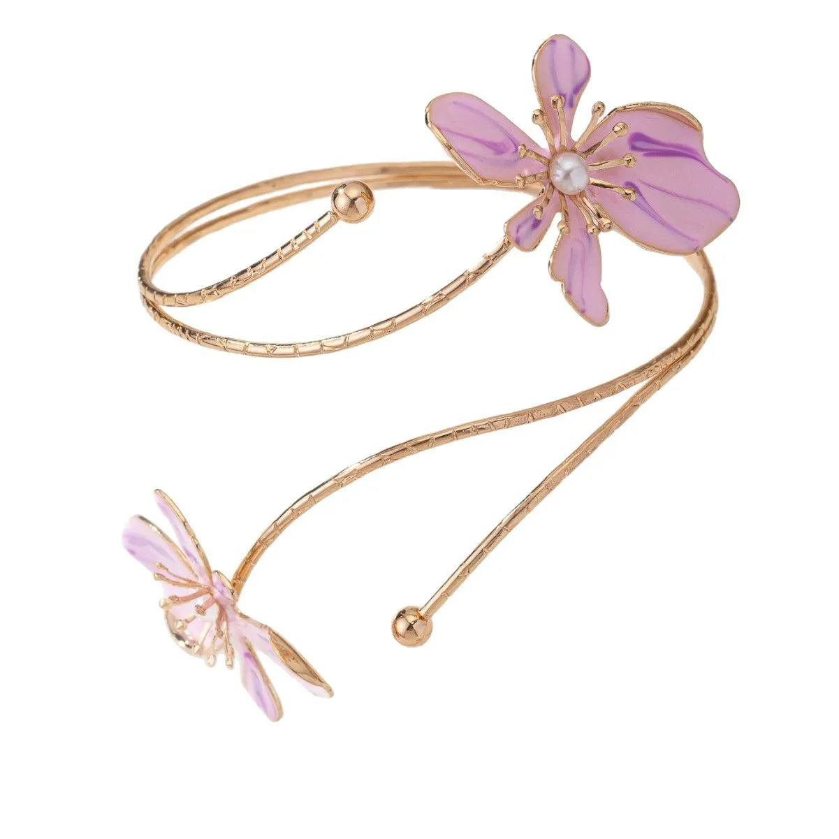 Pink alloy armband with hollow line pattern, shown as an open cuff bangle.