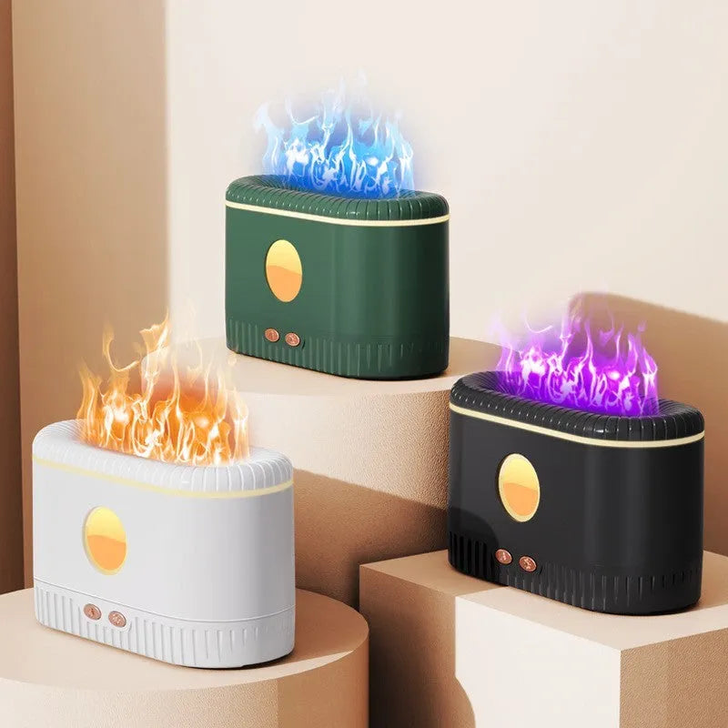 White desktop simulated flame aromatherapy humidifier with square shape, 200ml tank, and single fog outlet