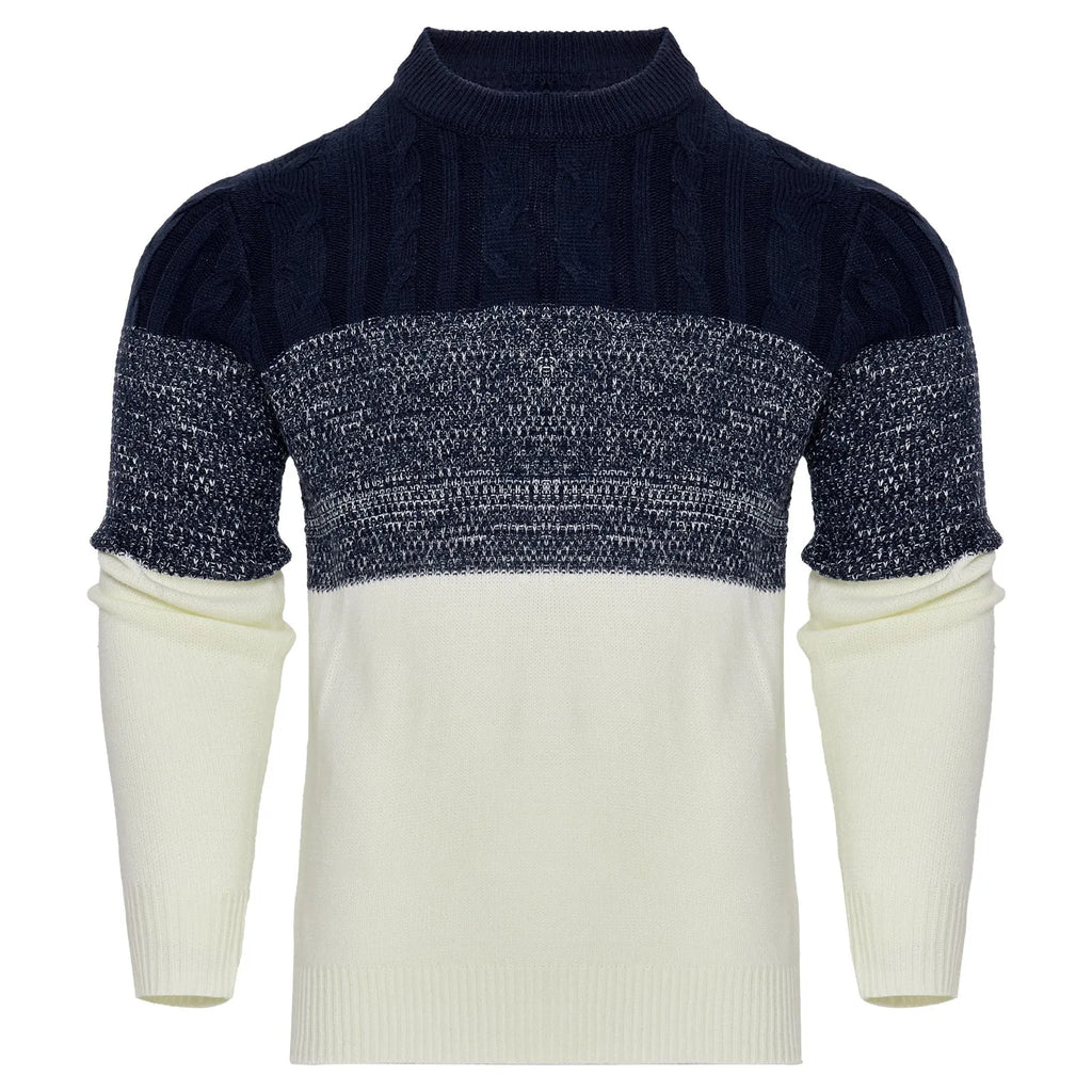 A man's knitted long-sleeved pullover sweater for fall and winter wear.