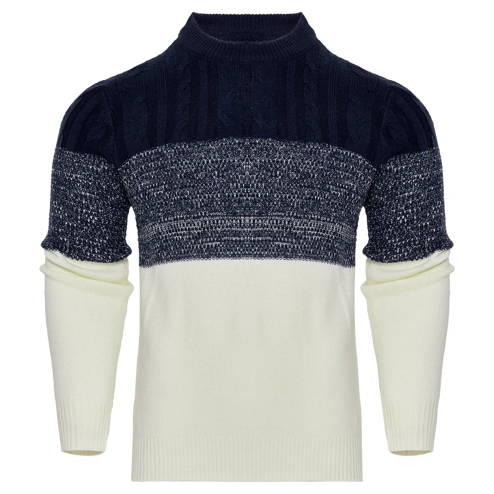 A man's knitted long-sleeved pullover sweater for fall and winter wear.