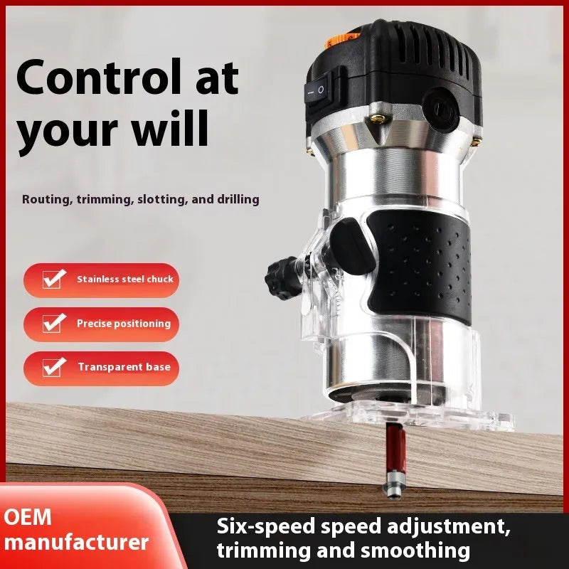 6-speed aluminium body electric woodworking trimmer router with 15 milling cutters and straight knife