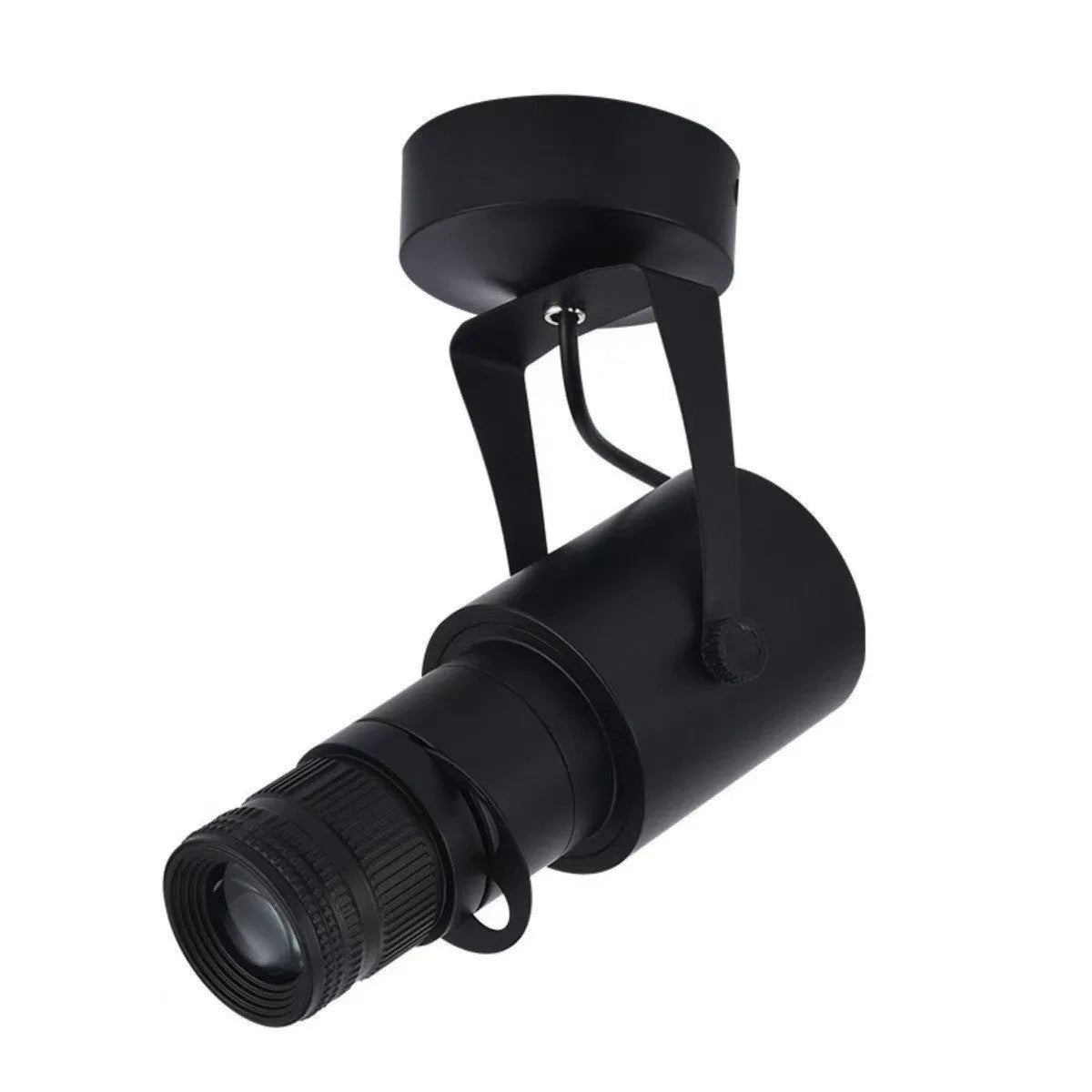 Black aluminium surface-mounted LED spotlight with open design for commercial lighting.
