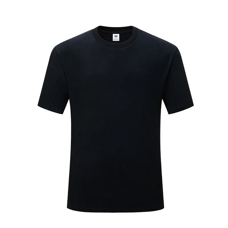 Men's black and white loose fit cotton T-shirt showing round neck design and casual summer styling