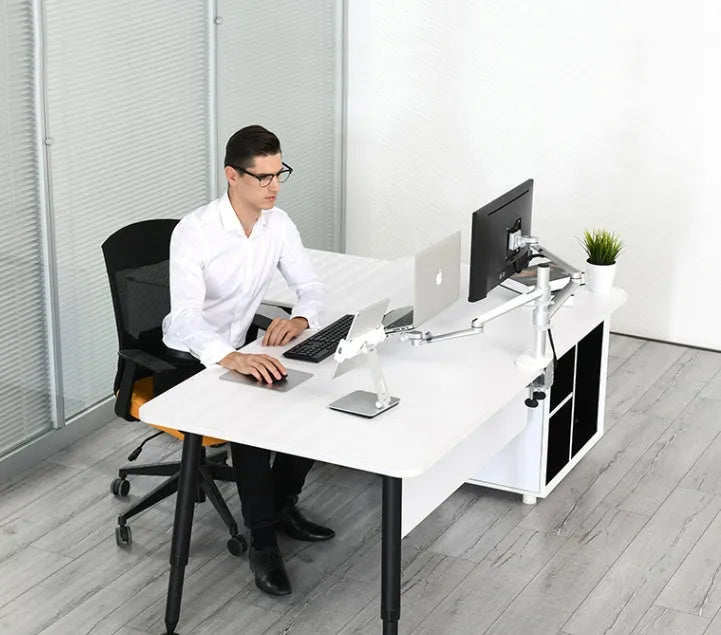 Folding aluminium desktop stand holding a tablet, showing its 360-degree rotation hinge and black/silver colour options.