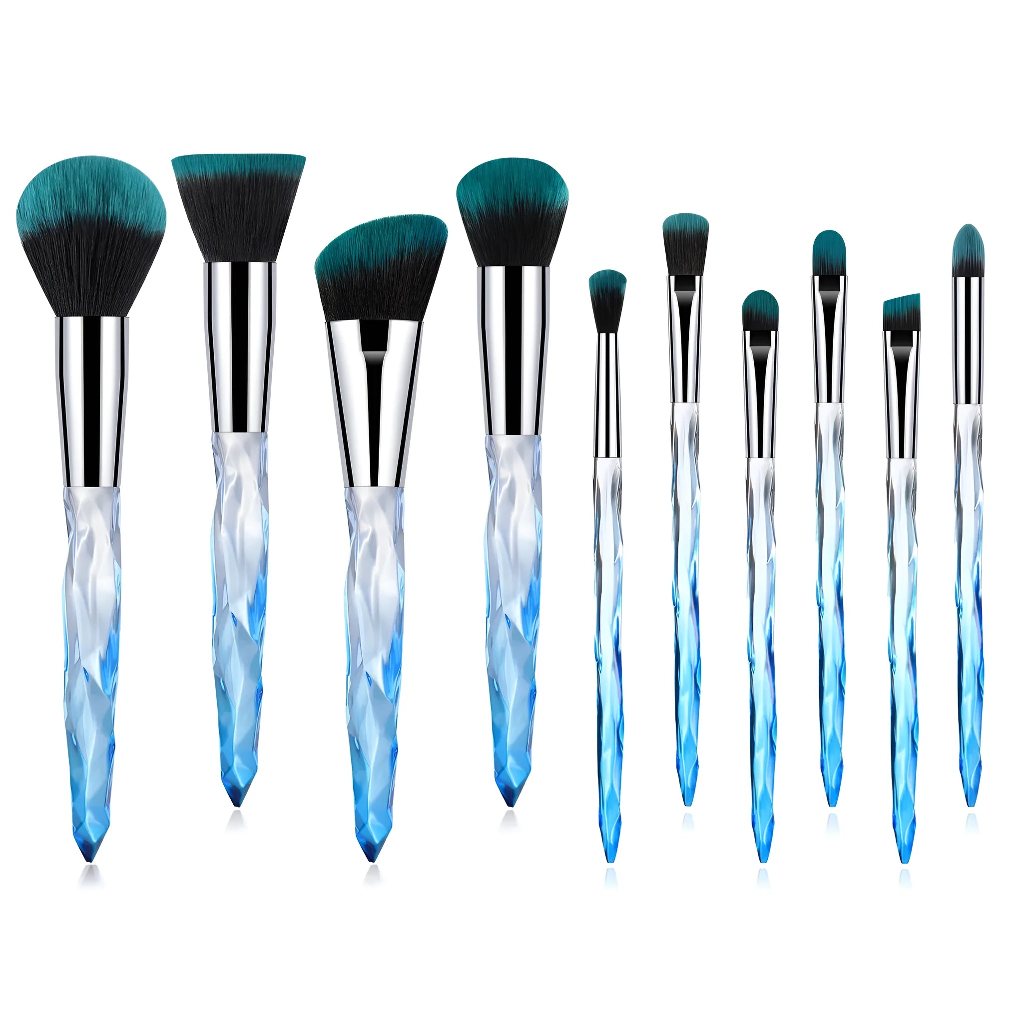 10 clear crystal handle foundation brushes with diamond shank design and black bristles.
