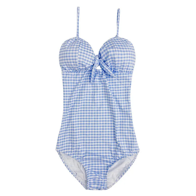 Women's blue and white plaid one-piece swimsuit on hanger showing front design