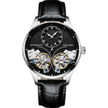 Men's black dial automatic watch with titanium case, tourbillon, and moon phase display on a steel bracelet.