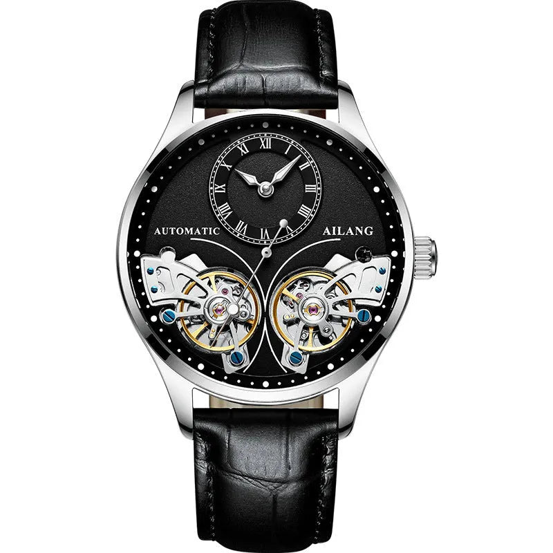 Men's black dial automatic watch with titanium case, tourbillon, and moon phase display on a steel bracelet.