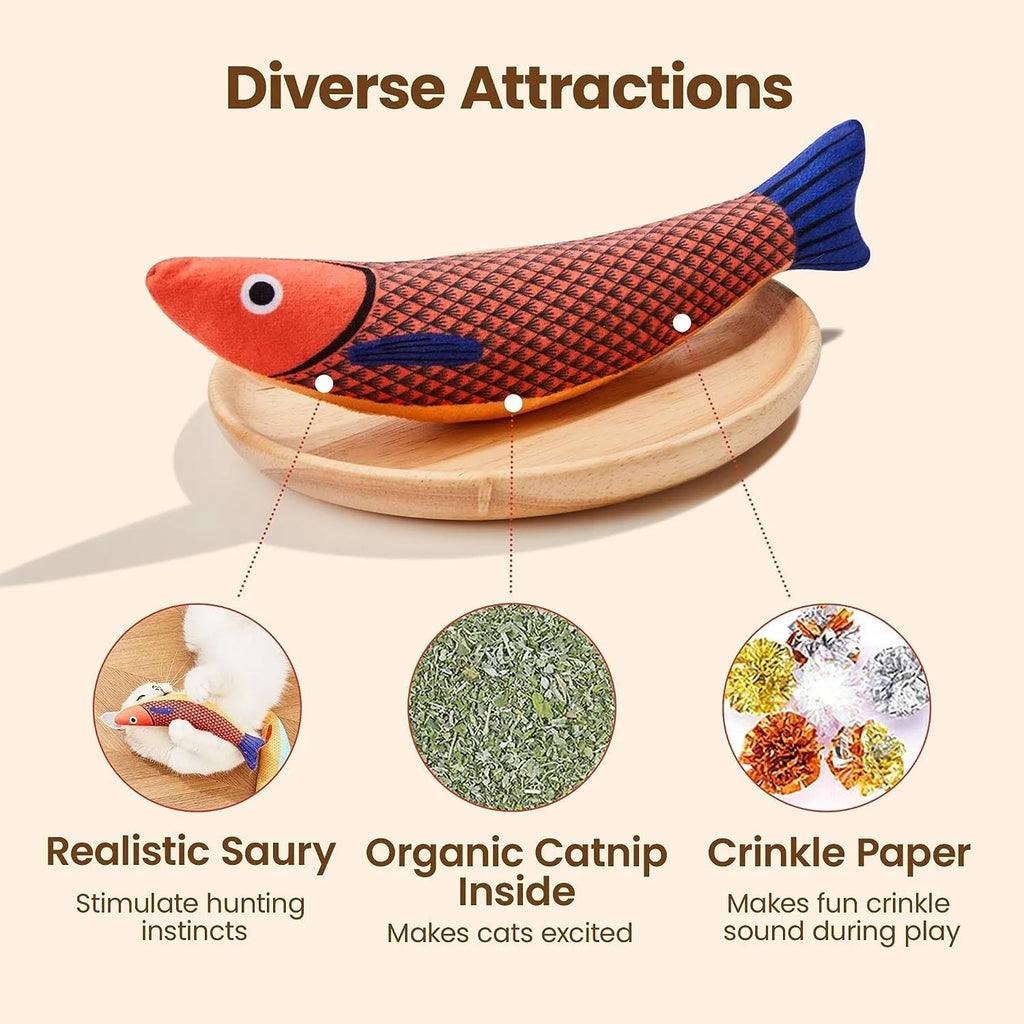 Soft plush saury fish cat toy with organic catnip filling in green, orange, and yellow colours