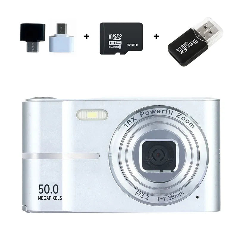 Compact HD 4K digital camera in black, green, pink, or white with full HD screen.