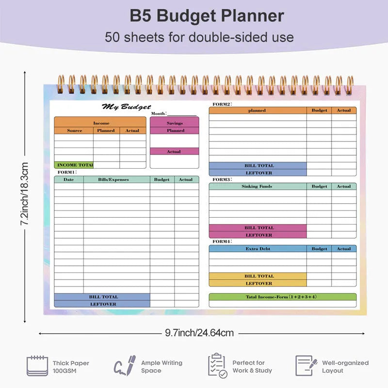 B5 size blue budget tally book with spiral binding, open on a table showing financial columns.