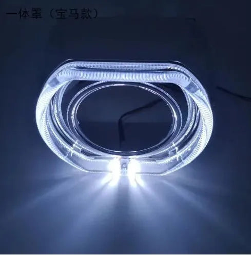 Black and silver vehicle angel eye mask light covers showing dual lens design and halo light effect.