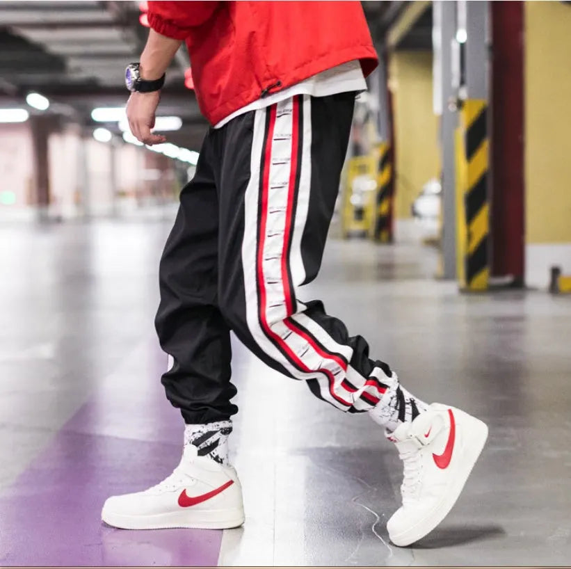 Cotton harem jogger with belt, stripe pattern, black blue nine length pants for men