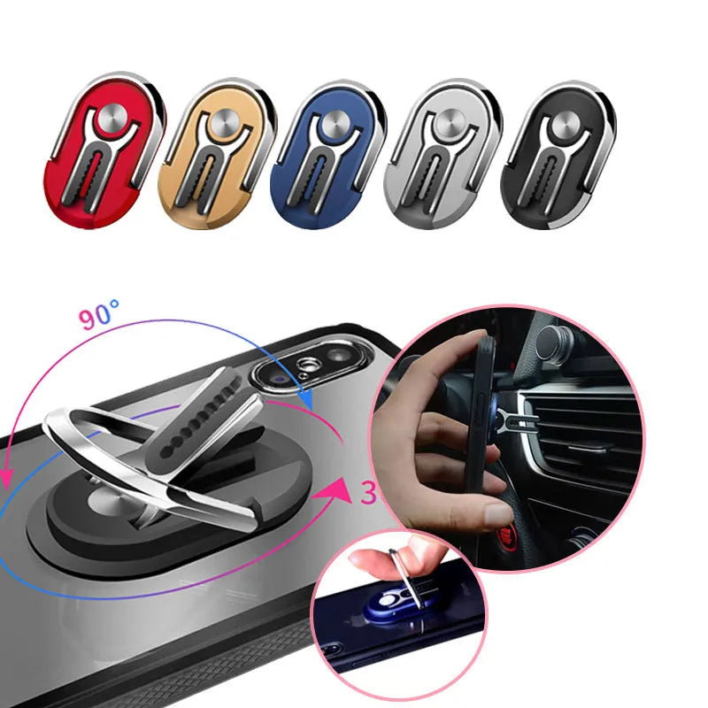 Universal car mobile phone bracket with adjustable ring, flexible gooseneck arm, and suction cup base in multiple colours.