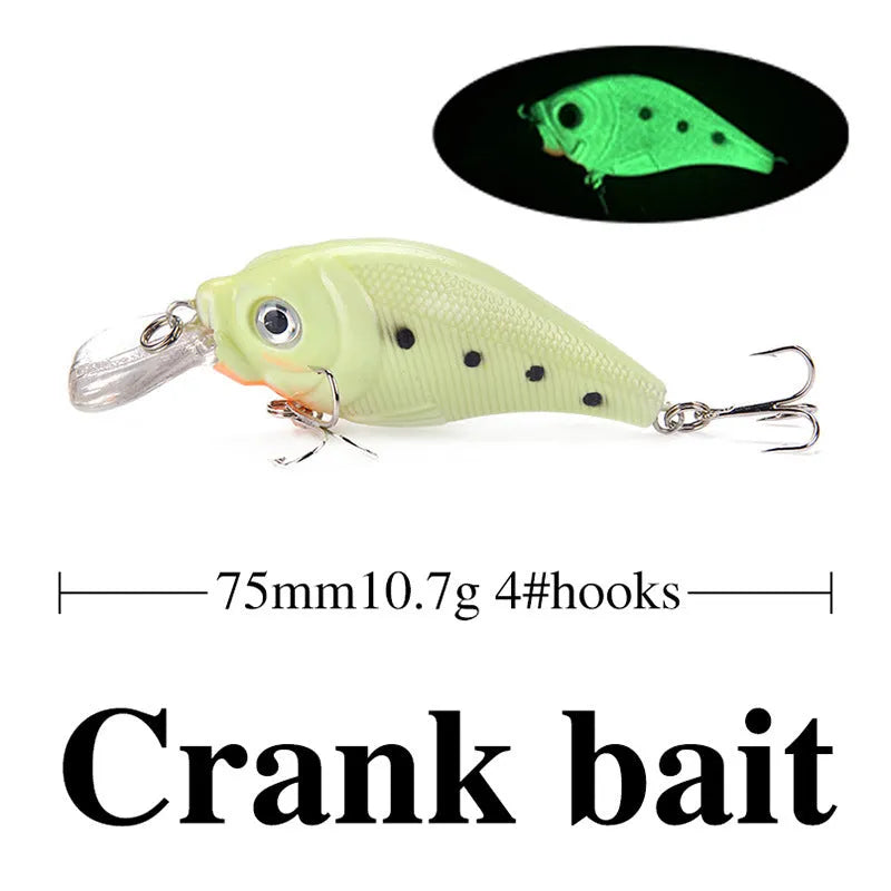 Set of five fluorescent hard bait fishing lures with 3D simulation design on a blue background.