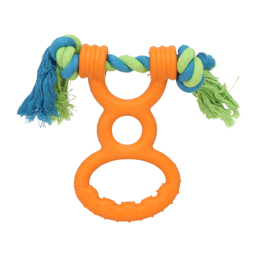 Dog rubber ring rope toy in orange colour with cotton rope handle on a white background
