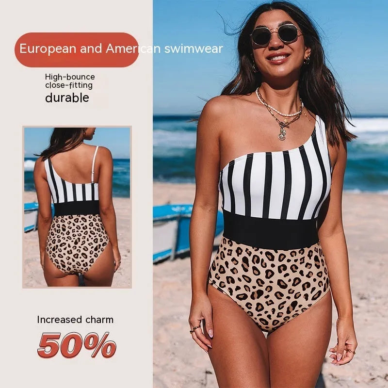 Leopard print women's one-piece swimsuit with asymmetrical collar and high-waist briefs.
