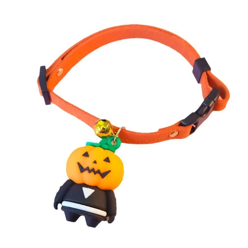 Halloween pet collar with cartoon pumpkin and skull patterns in glow-in-the-dark material, shown in multiple sizes.