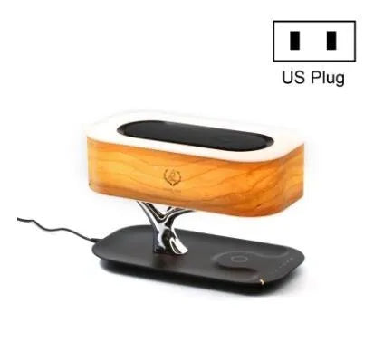 Creative Tree Light Table Lamp with Bluetooth speaker, wireless charger, natural cherry veneer lampshade, tree-shaped support