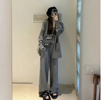 Women's knit cardigan suspender pants three-piece set in wool blend fabric