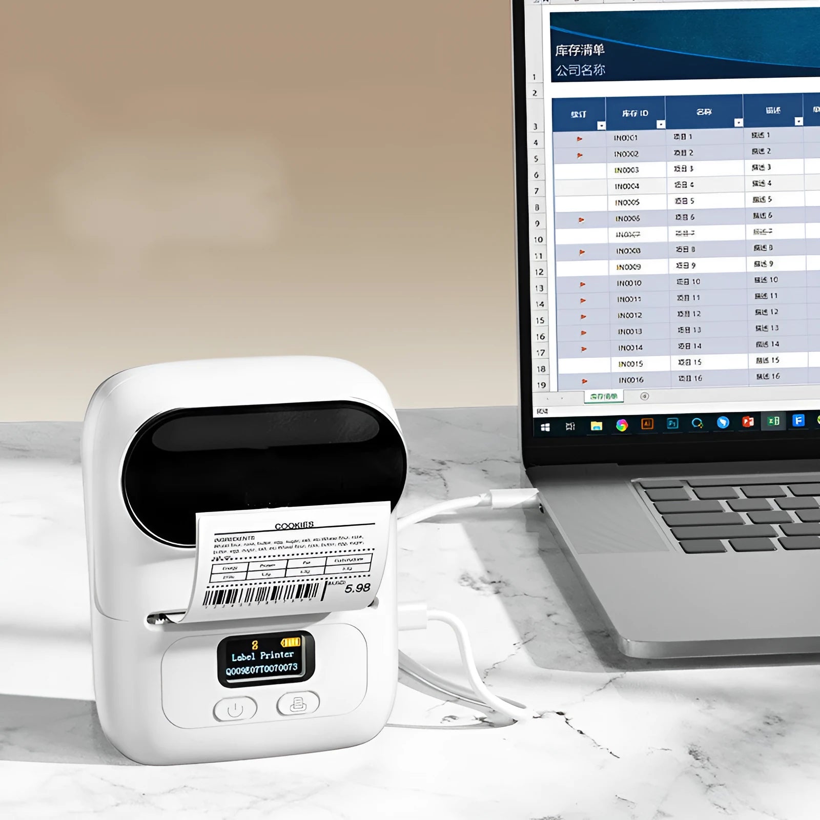 New handheld bar code printer in white with Bluetooth and USB port