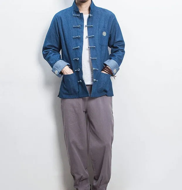 Retro Chinese style hanfu denim jacket top with stand collar and buckle decoration in black, loose fit, long sleeves