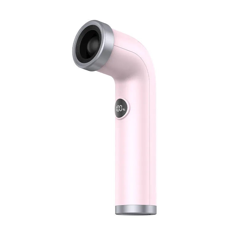 A compact apricot-coloured bladeless personal desk fan with a turbine design.