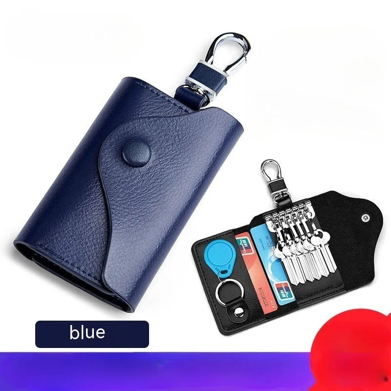 Square genuine leather keychain card holder with key ring in black colour.