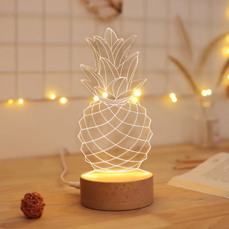 Cartoon night light wooden acrylic bedside lamp pineapple shape USB powered dimmer switch button switch