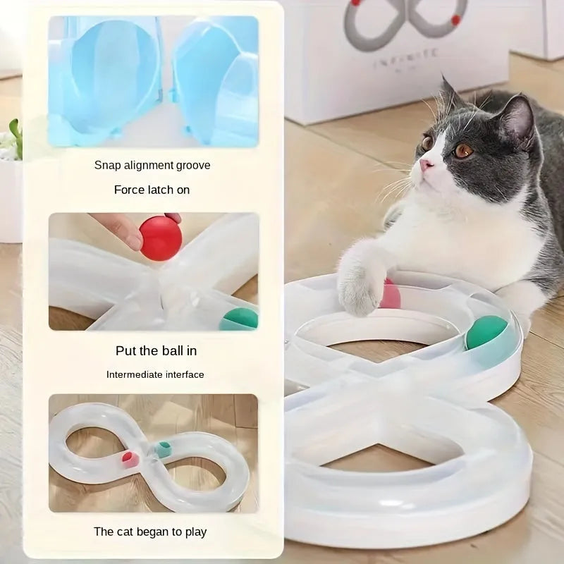 Blue and white cat toy set with turntable track, teasing stick, and four balls.