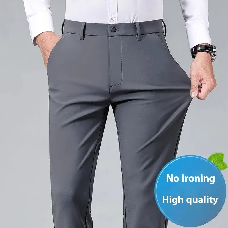 Summer ice silk thin non-ironing men's business casual pants in black, side view