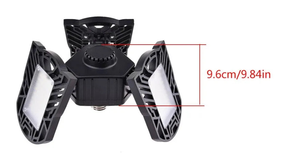 Deformable LED garage light with three adjustable heads, aluminium alloy housing, 60W 6000 lumens, IP65 waterproof