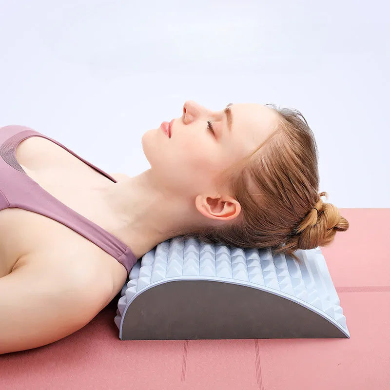 Blue EVA foam back stretcher pillow for lumbar and neck support measuring 33cm long
