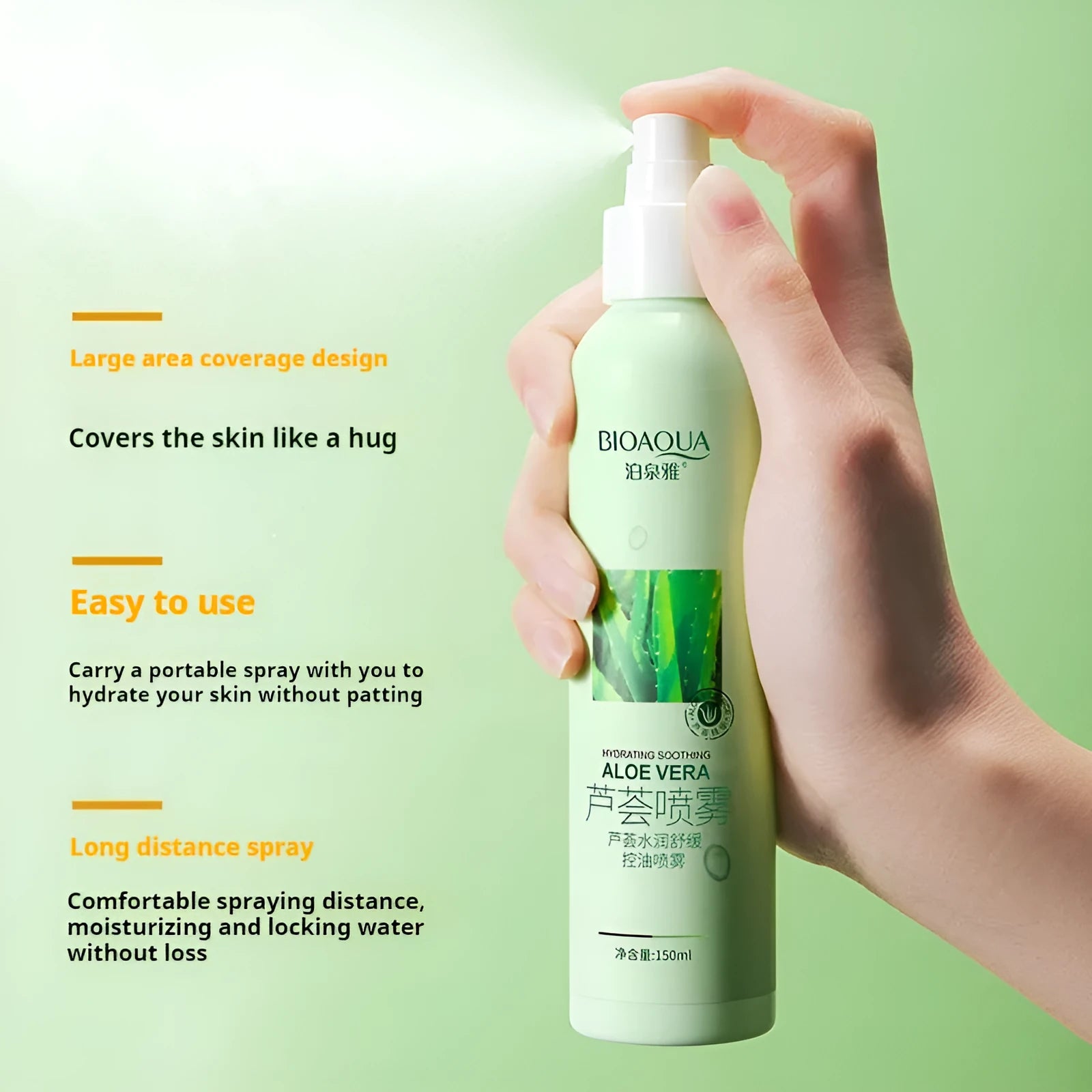 150ml clear bottle of moisturising toner spray with a white spray pump, suitable for all skin types.