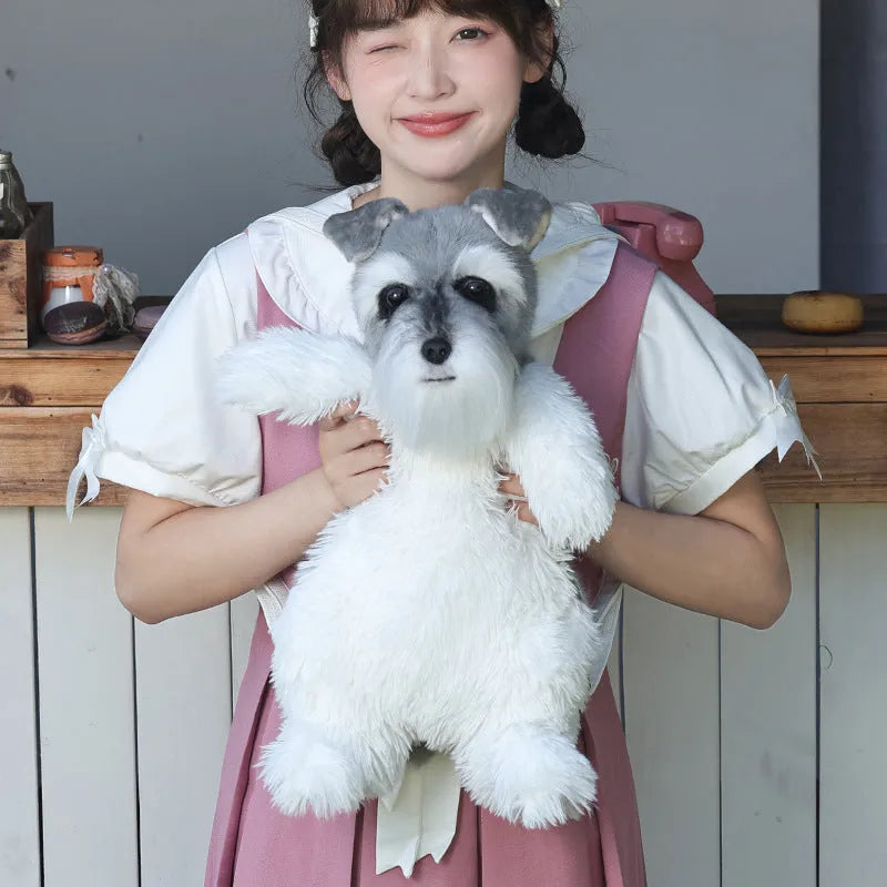 Schnauzer artificial dog backpack cartoon puppy doll with black bow and white strap