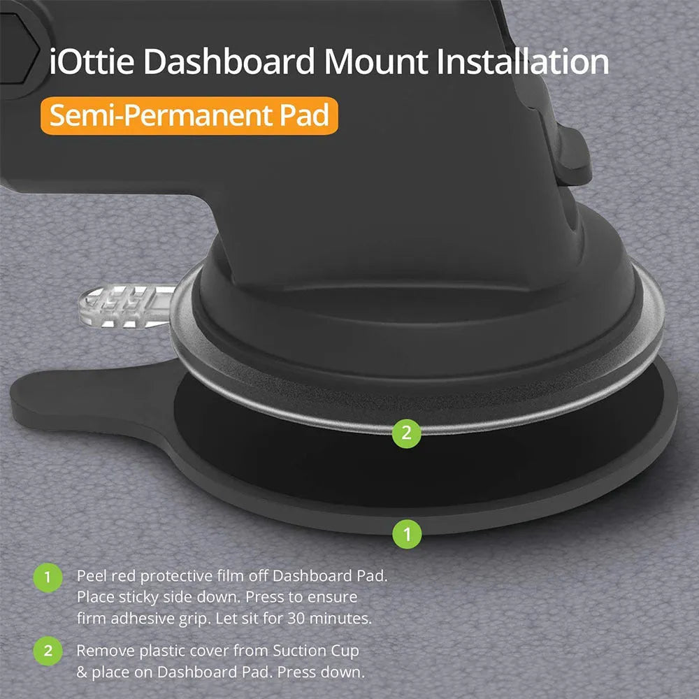 Black retractable suction cup car phone holder mounted on car dashboard