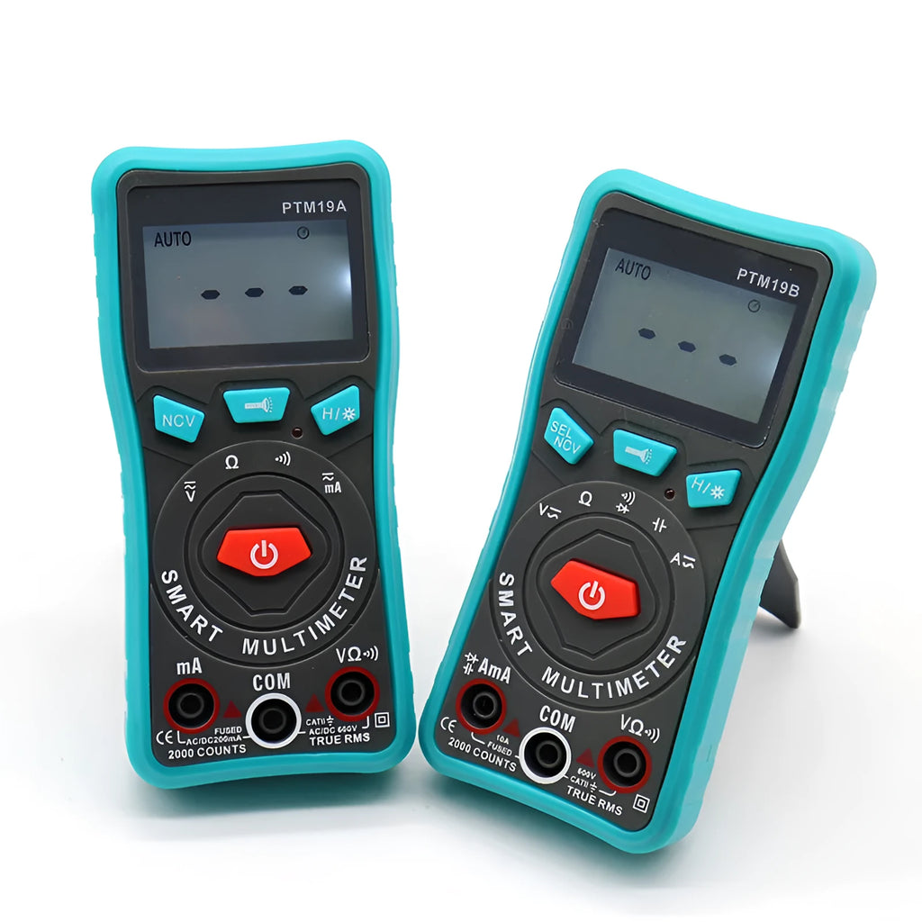 Green PTM automatic digital multimeter with LED display and rear kickstand.