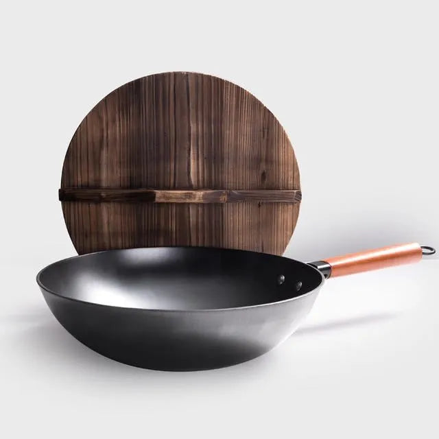 Traditional black iron wok with wooden handle, 40cm diameter with induction-compatible base