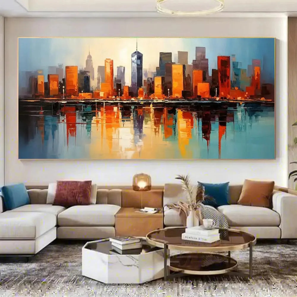 Handmade oil painting on canvas, modern abstract urban architectural street scene, frameless rolled horizontal artwork for wall decor