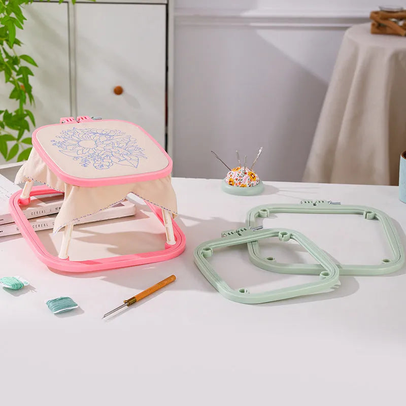 Double-layer ABS desktop embroidery frame with cotton cloth, adjustable stand, in light purple or watermelon red