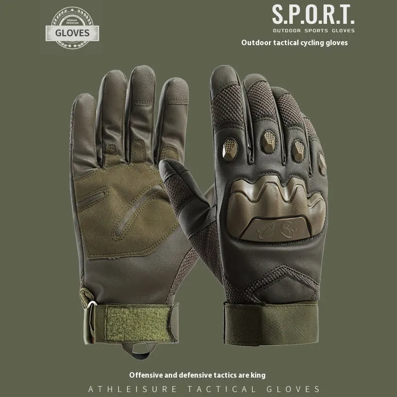 Men's black tactical training gloves with touch screen fingertips on a hand.