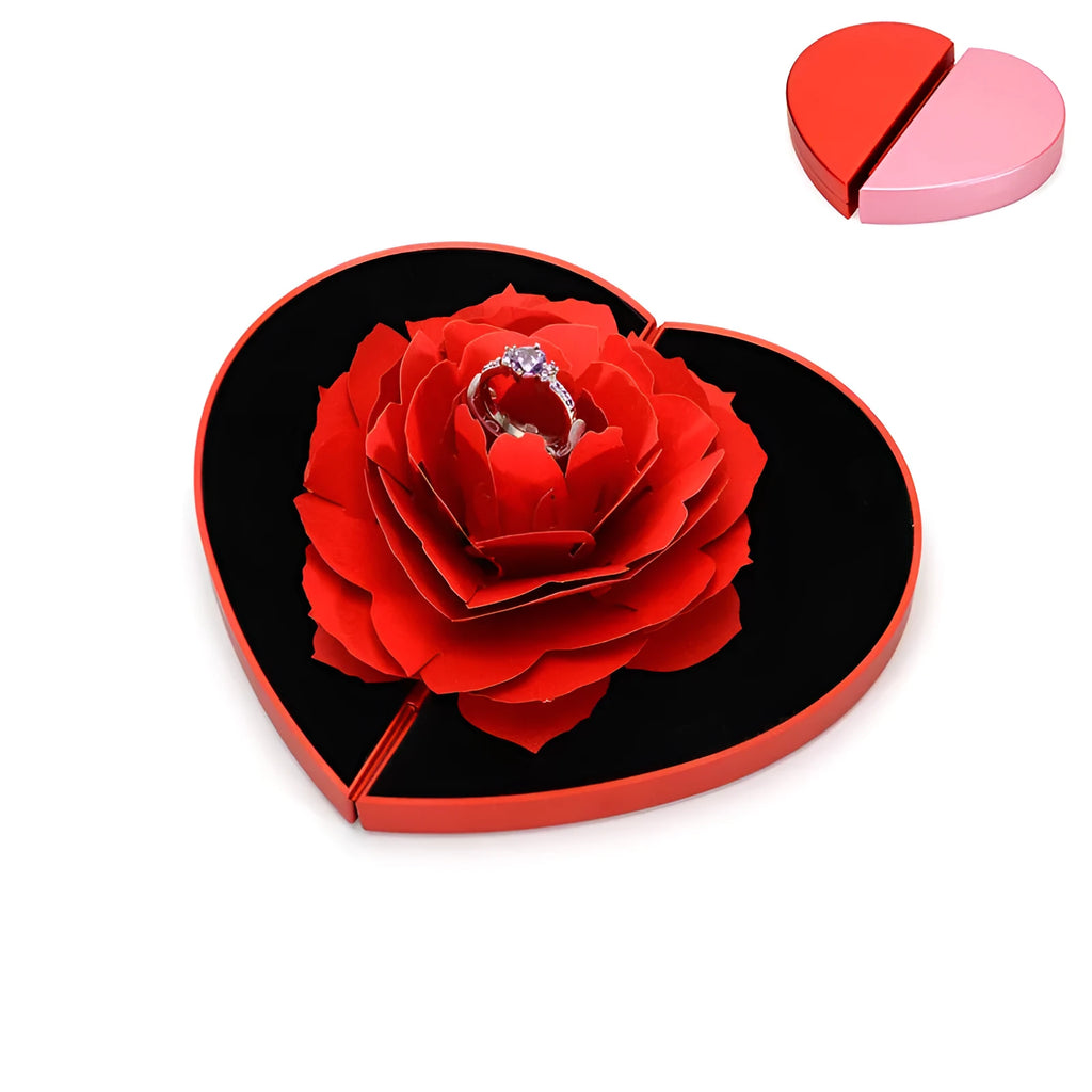 Red rotating ring box with 3D heart-shaped rose decoration for jewellery display