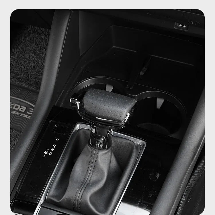 Genuine leather car gear shift knob in black and silver decoration