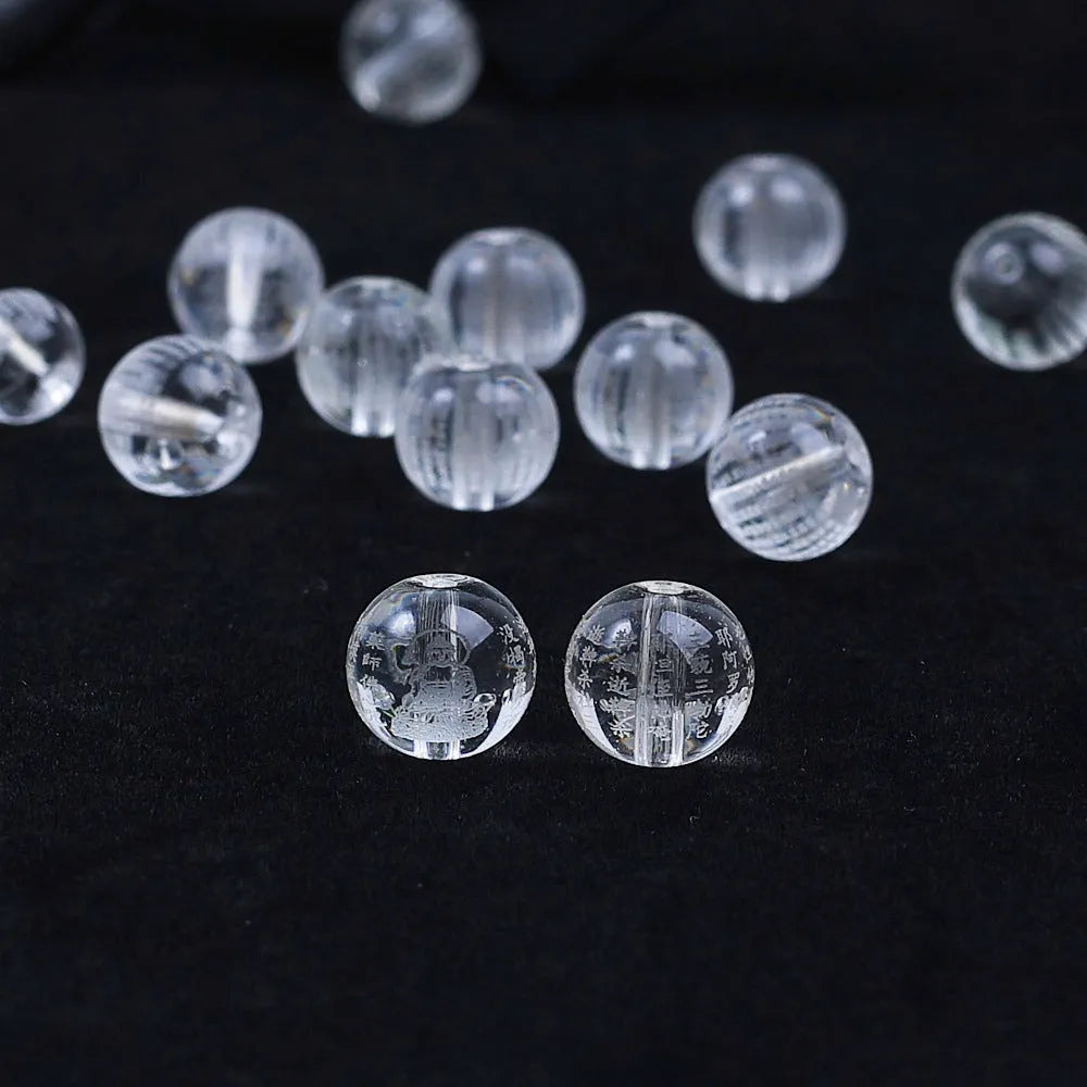 108 round glass prayer beads engraved with Heart Sutra, 10mm diameter, Buddha Heart Sutra colour finish
