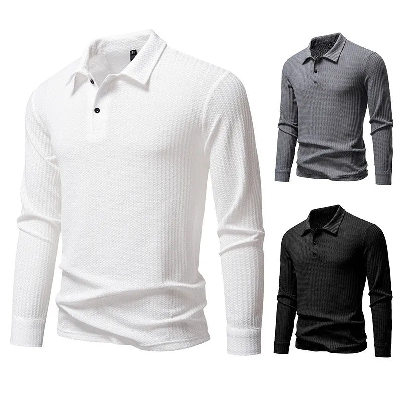 Men's waffle fabric long sleeve lapel t-shirt in black, straight fit pullover