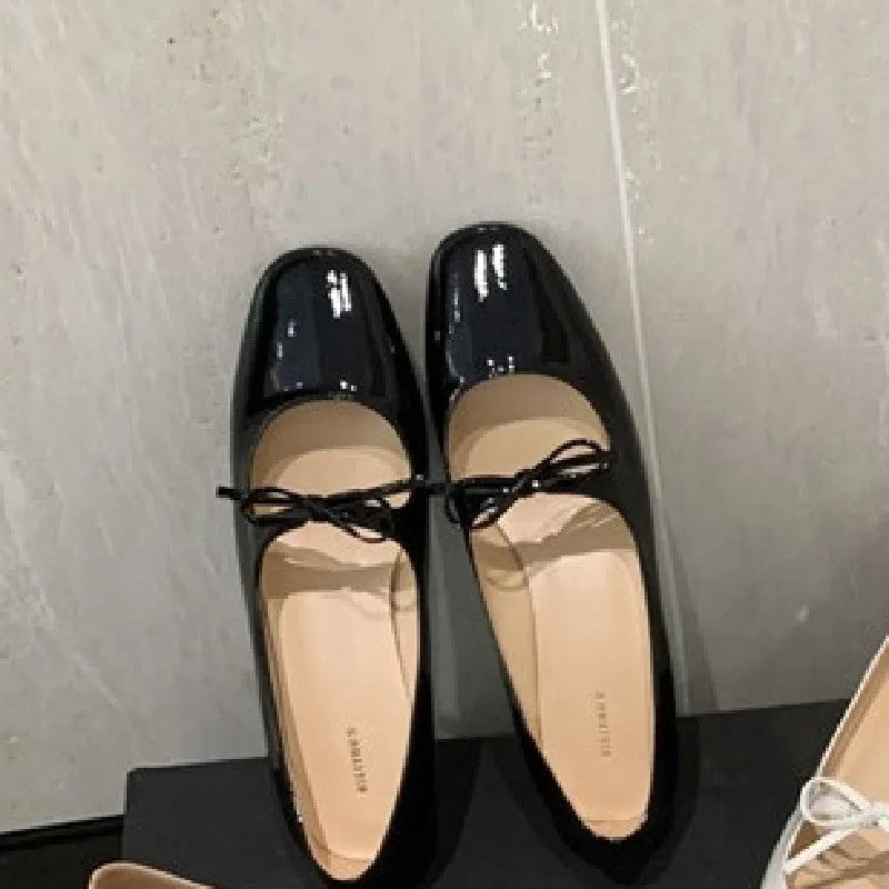 Women's bow shallow mouth Mary Jane shoes in nude pink with microfiber upper and flat sole