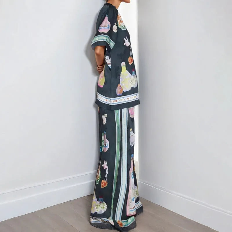 Black women's cardigan and trousers set with cartoon animation pattern